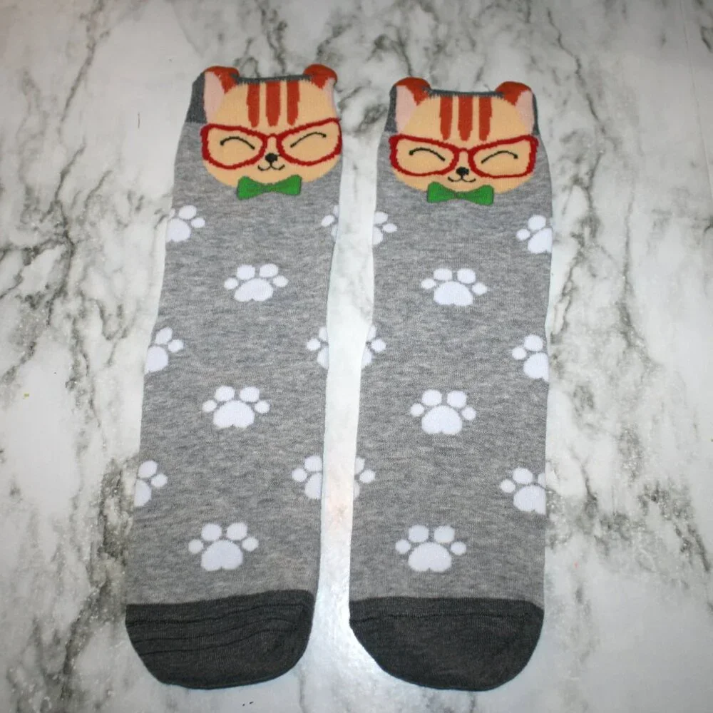 CAT LADY Socks Ankle Short Anklets Animal Print Pawprints Gray Orange Ginger Cat